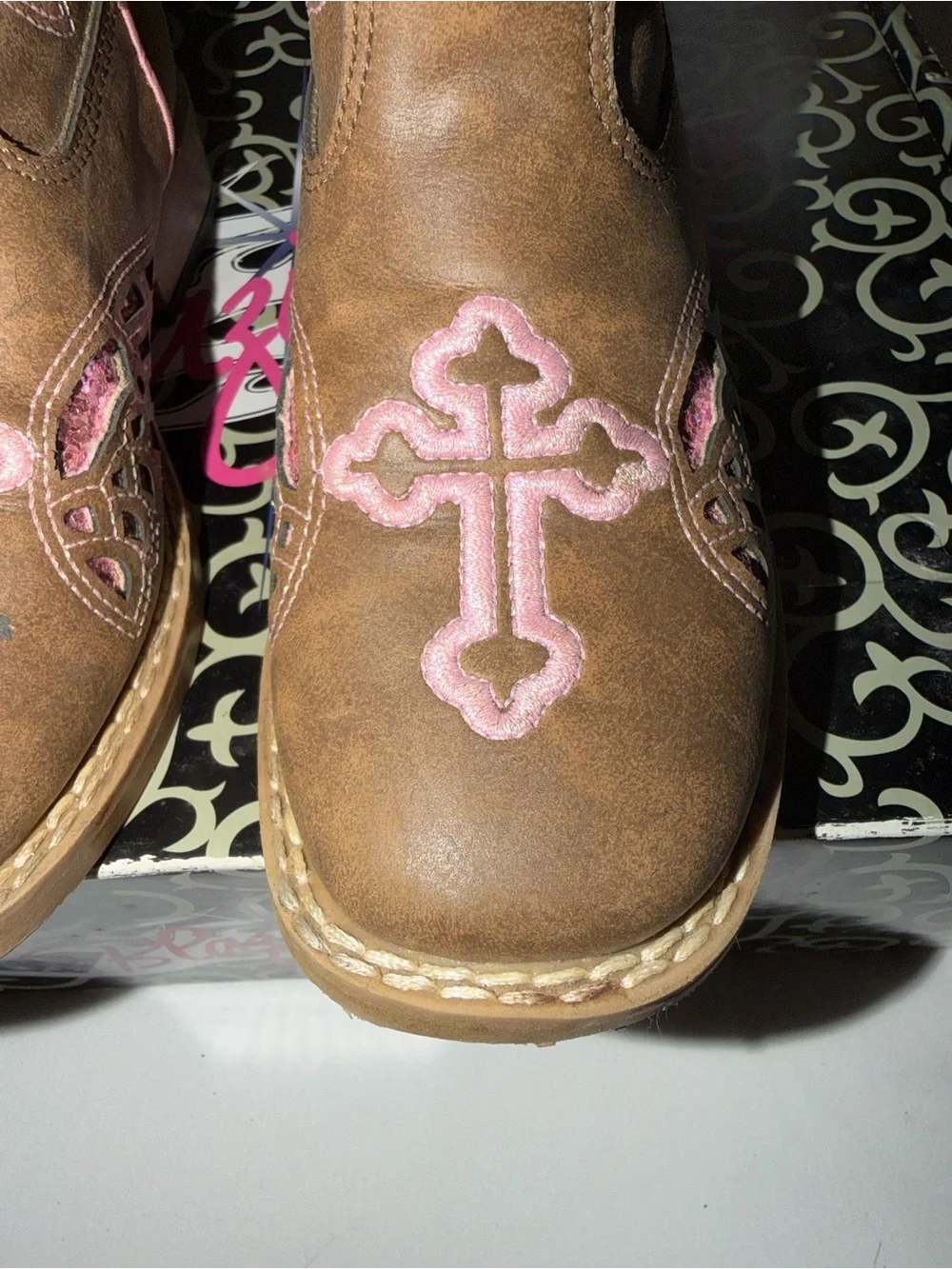Roxy Brown Leather Kids Cowboy Boots with Pink Cross Accents